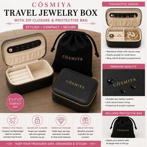 Cosmiya Small Black Faux Leather Travel Jewelry Box Zip Case New with Box‎ 5x8
